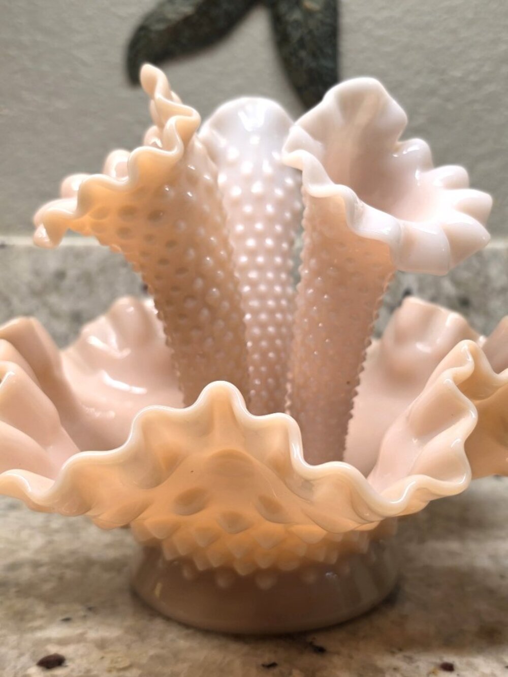 Fenton Shell Pink Milk Glass 3 Horn Epergne Trumpet Vase w/Vintage Ruffled Edge